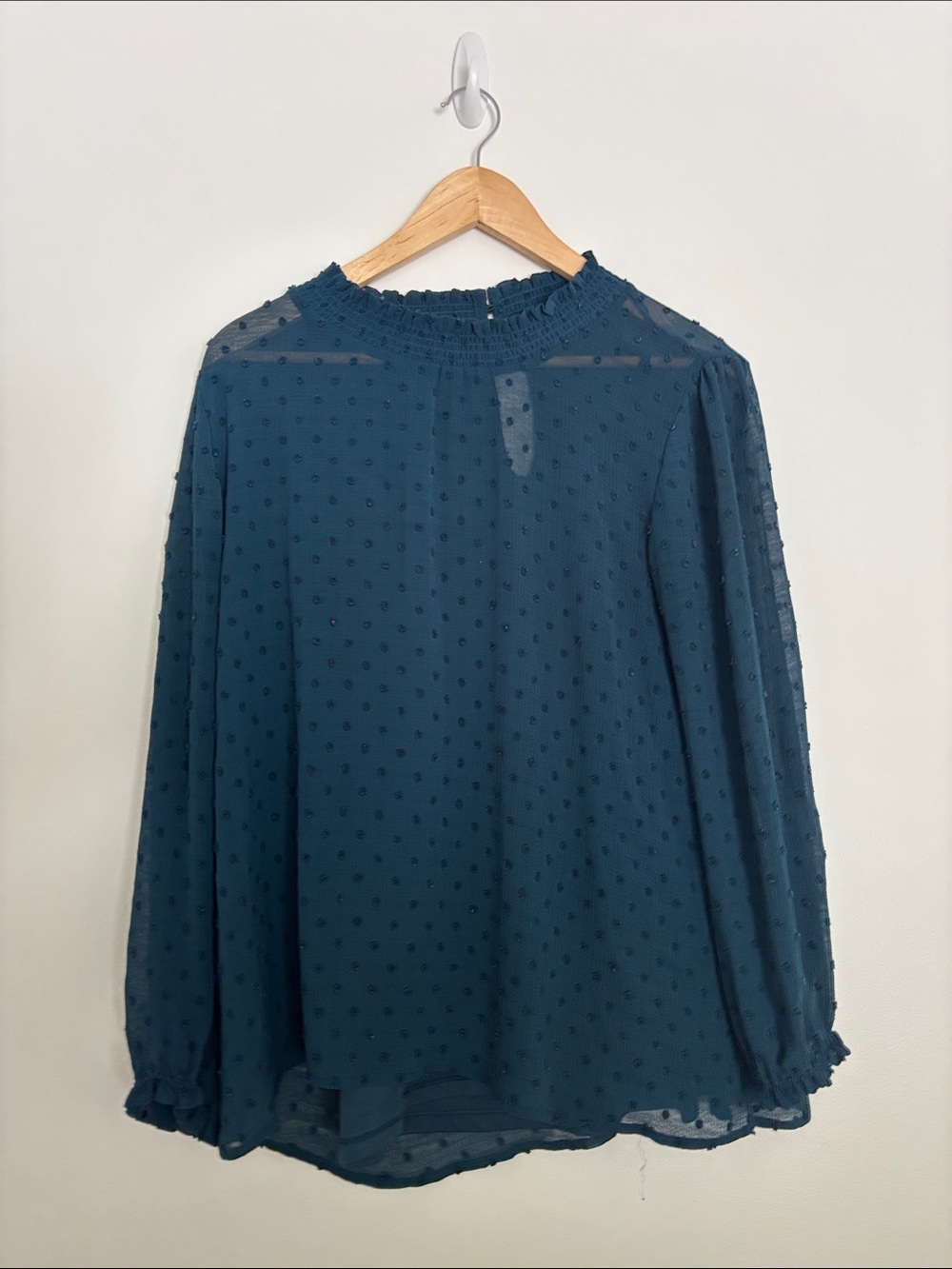 Women's Teal Swiss Dot Smocked Neck Blouse